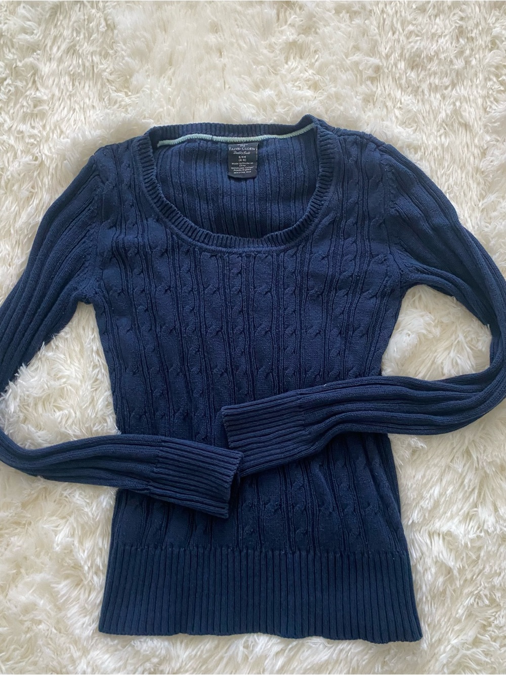 Y2K Faded Glory - Classic Cable-Knit Crewneck Sweater - Navy | Size S